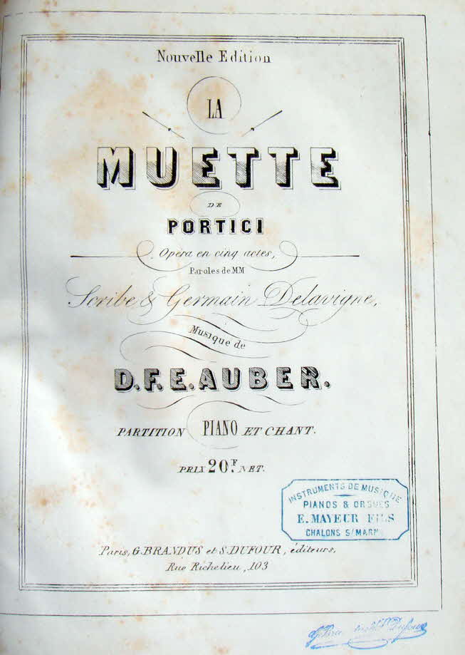 Daniel-Franois-Esprit Auber (* 29. Januar 1782 in Caen;  12. Mai 1871 in Paris) war ein franzsischer Komponist. 
La muette de Portici (Die Stumme von Portici), wurde 1828  komponiert, nach Walter Scotts Peveril of the Peak - 39 € mtl./K 350 €
