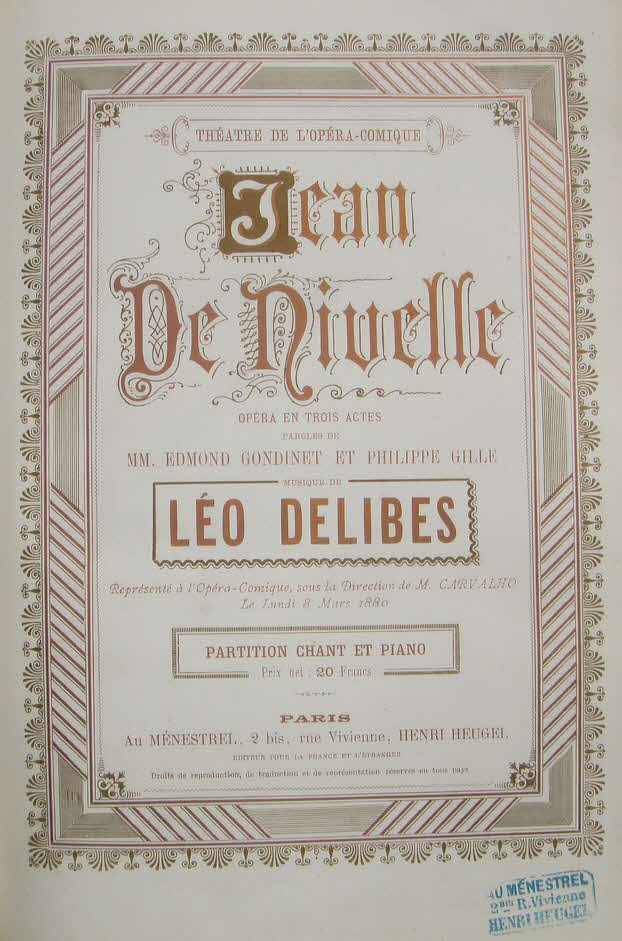 Lo Delibes oder Clment Philibert Lo Delibes (* 21. Februar 1836 bei Saint-Germain-du-Val (Sarthe);  16. Januar 1891 in Paris) war ein franzsischer Komponist. Mit seiner einprgsamen Melodik, rhythmischen Brillanz und funkelnden farbigen Orchestrierung zhlte er zu den beliebtesten Bhnenkomponisten der Romantik. Er belebte die Ballettmusik, trat aber auch mit einigen Opern hervor. Daneben schuf er Kirchenmusik und Lieder.

Jean de Nivelle, Opra-comique, komponiert 1880 - 39 € mtl./K 350 €
