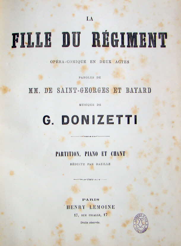 Domenico Gaetano Maria Donizetti (* 29. November 1797 in Bergamo in Italien;  8. April 1848 in Bergamo) war einer der wichtigsten Opernkomponisten des Belcanto.

La fille du rgiment Erstauffhrung 11. Februar 1840, Opra-Comique, Paris - 39 € mtl./K 350 €