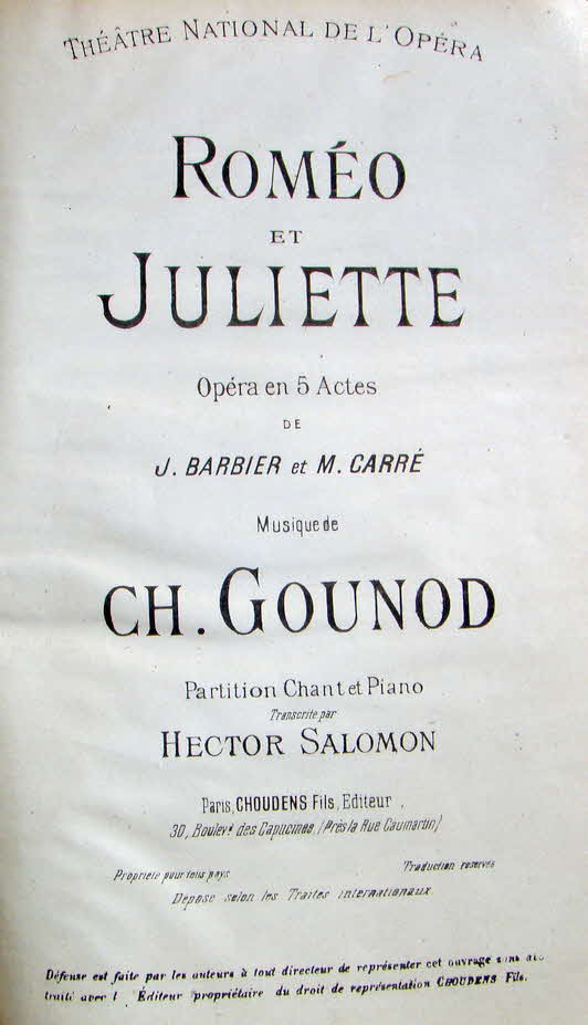 Charles Franois Gounod (* 17. Juni 1818 in Paris;  18. Oktober 1893 in Saint-Cloud) war ein franzsischer Komponist.

Romo et Juliette (Romeo und Julia) Erstauffhrung 1867 - 39 € mtl./K 350 €