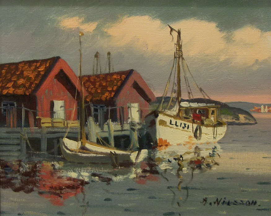 Andres Nilsson - Dänisches Küstendorf mit Fischerbooten am Steg um 1950 - 22 x27 cm  - 39 € mtl./K 450 €