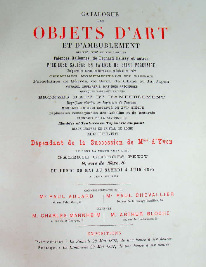 Versteigerungskatalog Paris 1892 - 695 Objets de Art et Ameublement de Madame d'Yvon - 40 x 30 cm 122 Seiten  -  59 € mtl./K 450 €