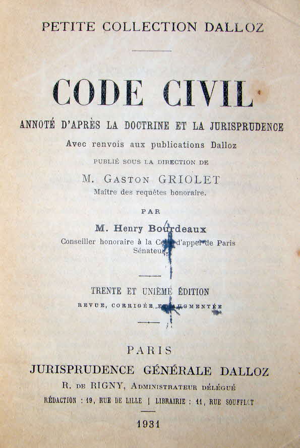 Dalloz - Code Civile - 1931  -  39 € mtl./K 250 €