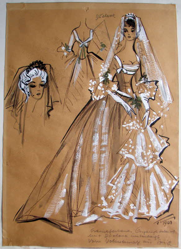 Figurine des Hochzeitskleides der Henriette Duquenoy (gespielt von Uta Sax) aus dem Film - Die Marquise von Arcis - des SFB Berlin 1961 - 38 x 27 cm - 59 € mtl./K 350 €