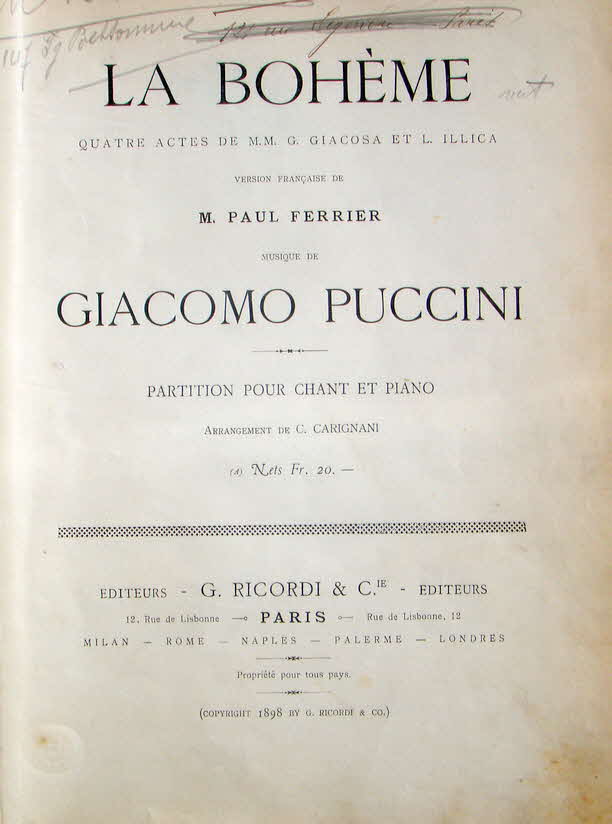 Giacomo Puccini (* 22. Dezember 1858 in Lucca;  29. November 1924 in Brssel) war ein italienischer Komponist.

La Bohme. Opera (4 Bilder). Libretto: Giuseppe Giacosa, Luigi Illica, Erstauffhrung 1. Februar 1896 Turin (Teatro Regio) - 39 € mtl./K 350 €