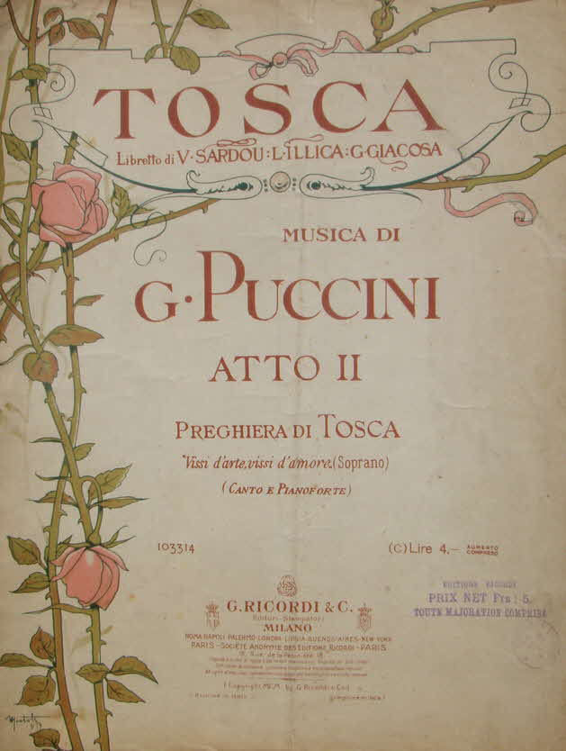 Giacomo Puccini (* 22. Dezember 1858 in Lucca;  29. November 1924 in Brssel) war ein italienischer Komponist.

Tosca. Melodramma (3 Akte). Libretto: Luigi Illica, Giuseppe Giacosa. Erstauffhrung 14. Januar 1900 Rom (Teatro Costanzi)
Auszug VISSI d'ARTE 5 Seiten 35 x 26 cm - 39 € mtl./K 350 €