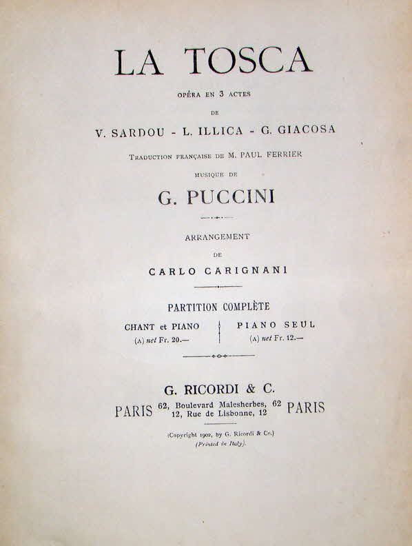 Giacomo Puccini (* 22. Dezember 1858 in Lucca;  29. November 1924 in Brssel) war ein italienischer Komponist.

Tosca. Melodramma (3 Akte). Libretto: Luigi Illica, Giuseppe Giacosa. Erstauffhrung 14. Januar 1900 Rom (Teatro Costanzi) - 39 € mtl./K 350 €