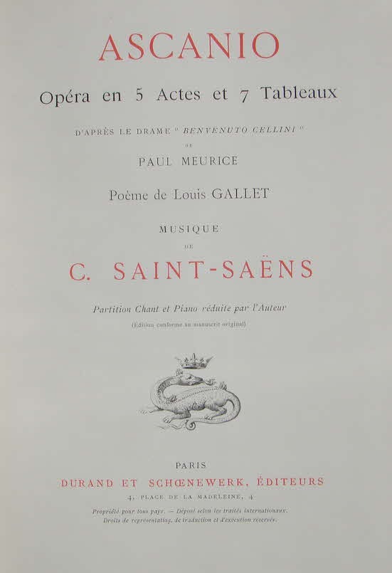 Charles Camille Saint-Sans (* 9. Oktober 1835 in Paris;  16. Dezember 1921 in Algier) war ein franzsischer Pianist, Organist, Musikwissenschaftler, Musikpdagoge und Komponist der Romantik.

Ascanio ist eine Oper in fnf Akten und sieben Tableaus. Das franzsische Libretto der Oper von Louis Gallet basiert auf dem 1852er Spiel Benvenuto Cellini vom franzsischen Dramatiker Paul Meurice, der wiederum auf dem historischen Roman von Alexandre Dumas, Pre, basierte. Der Name wurde in Ascanio gendert, um Verwechslungen mit der Berlioz-Oper Benvenuto Cellini zu vermeiden. Die Oper wurde am 21. Mrz 1890 bei der Acadmie Nationale de Musique in Paris uraufgefhrt  - 39 € mtl./K 350 €